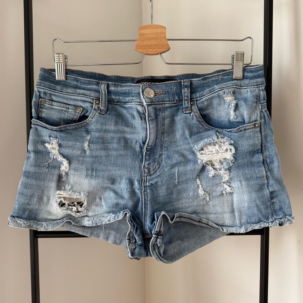 Express Light Blue Distressed Denim Jean Shorts, size 10